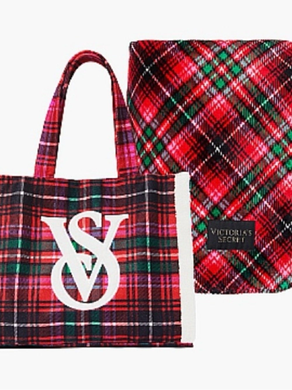 Victoria's Secret Red Plaid Tote and Blanket Set